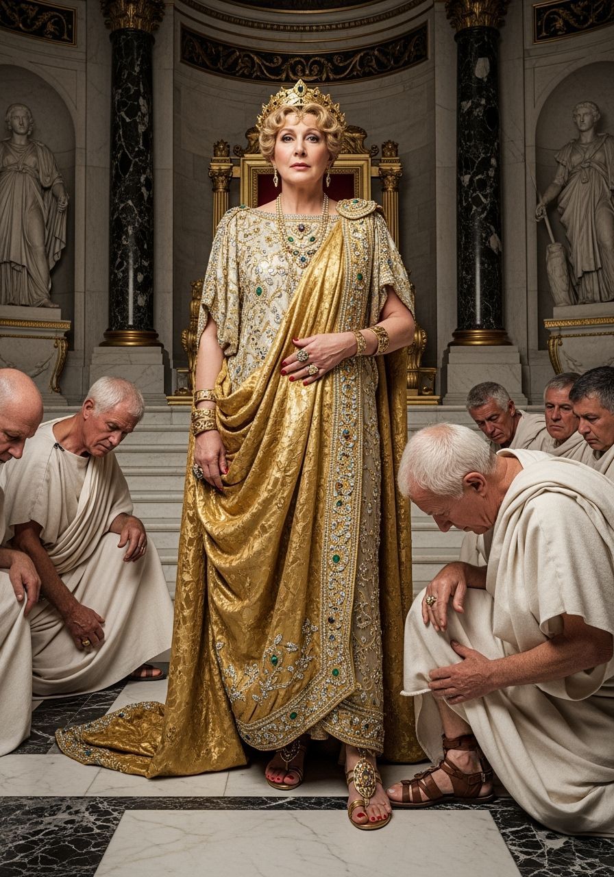 Empress Messalina in Lavish Gold Toga, Marble Throne Room