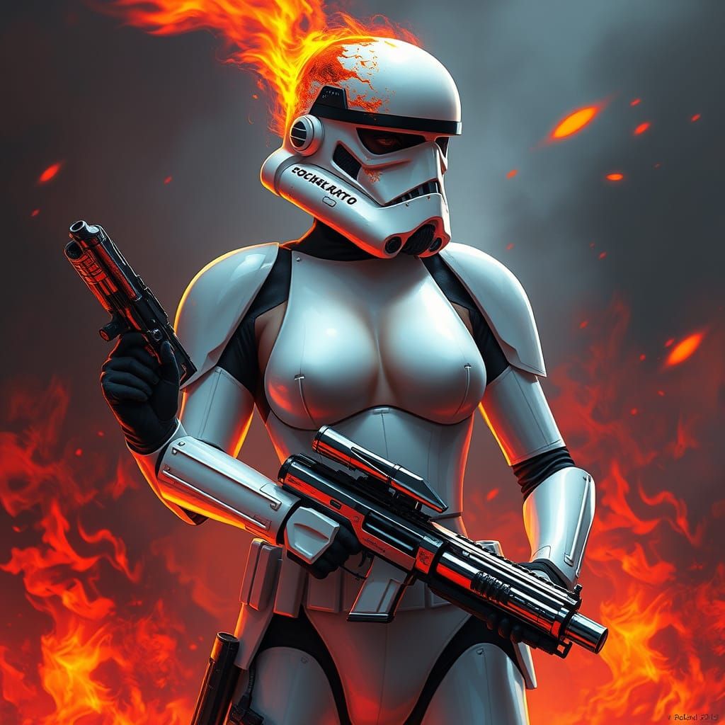 Cyberpunk Female Stormtrooper Amidst Fiery Flames