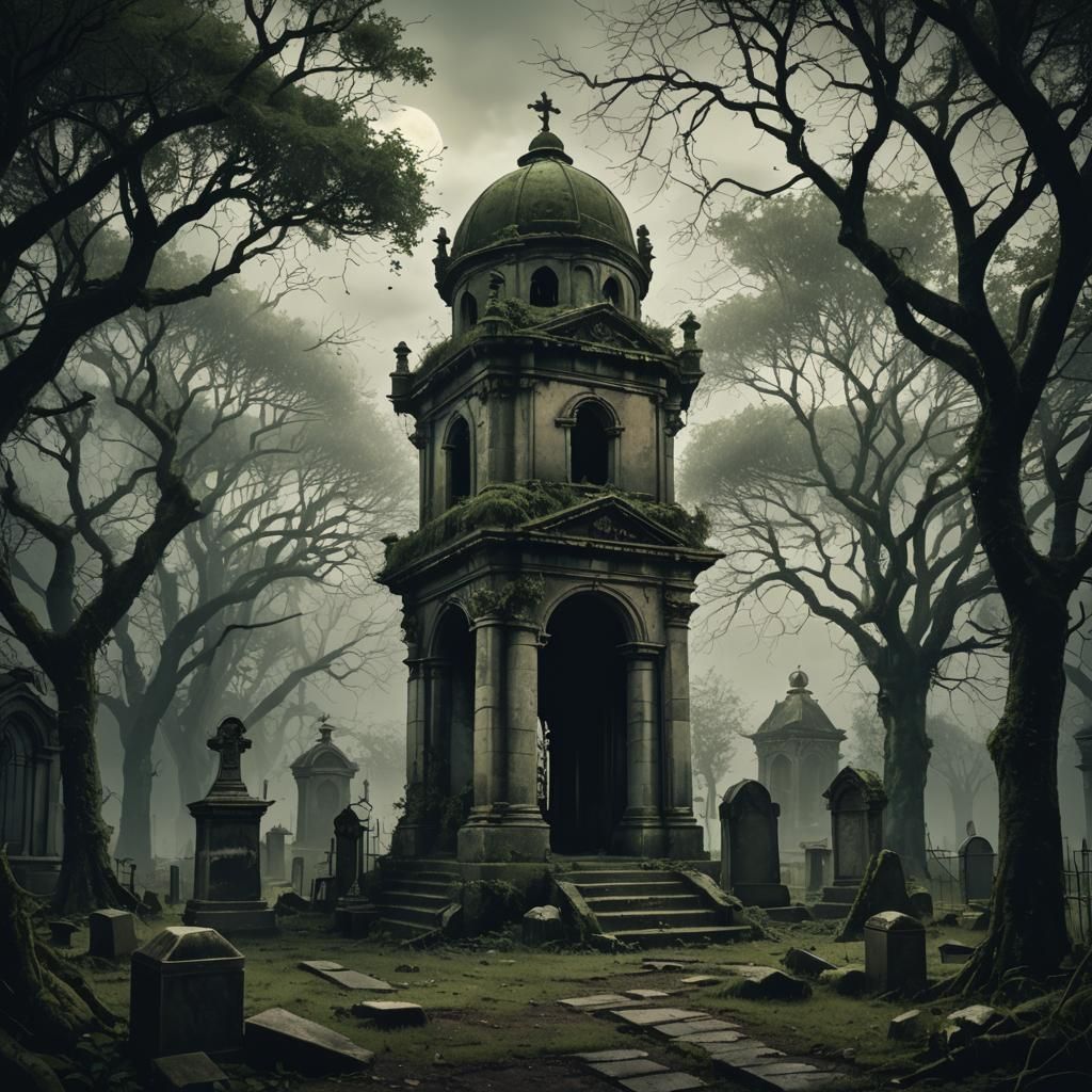 Gothic Mausoleum Concept Art in Abandoned Cemetery