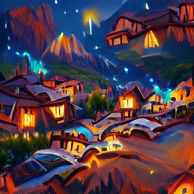 Mountain Village at Night with City Lights