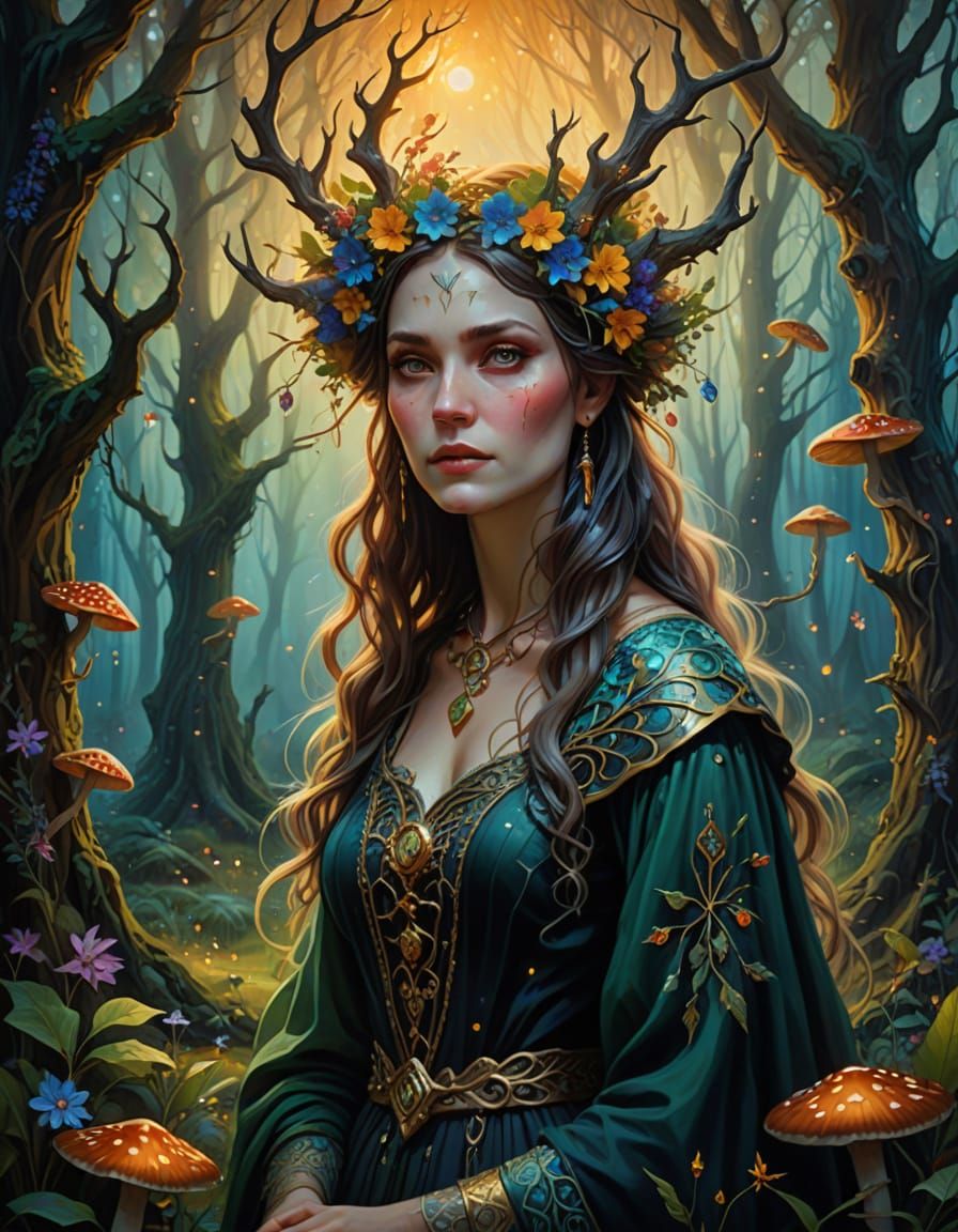 Ethereal Forest Witch in a Mystical Oil Painting