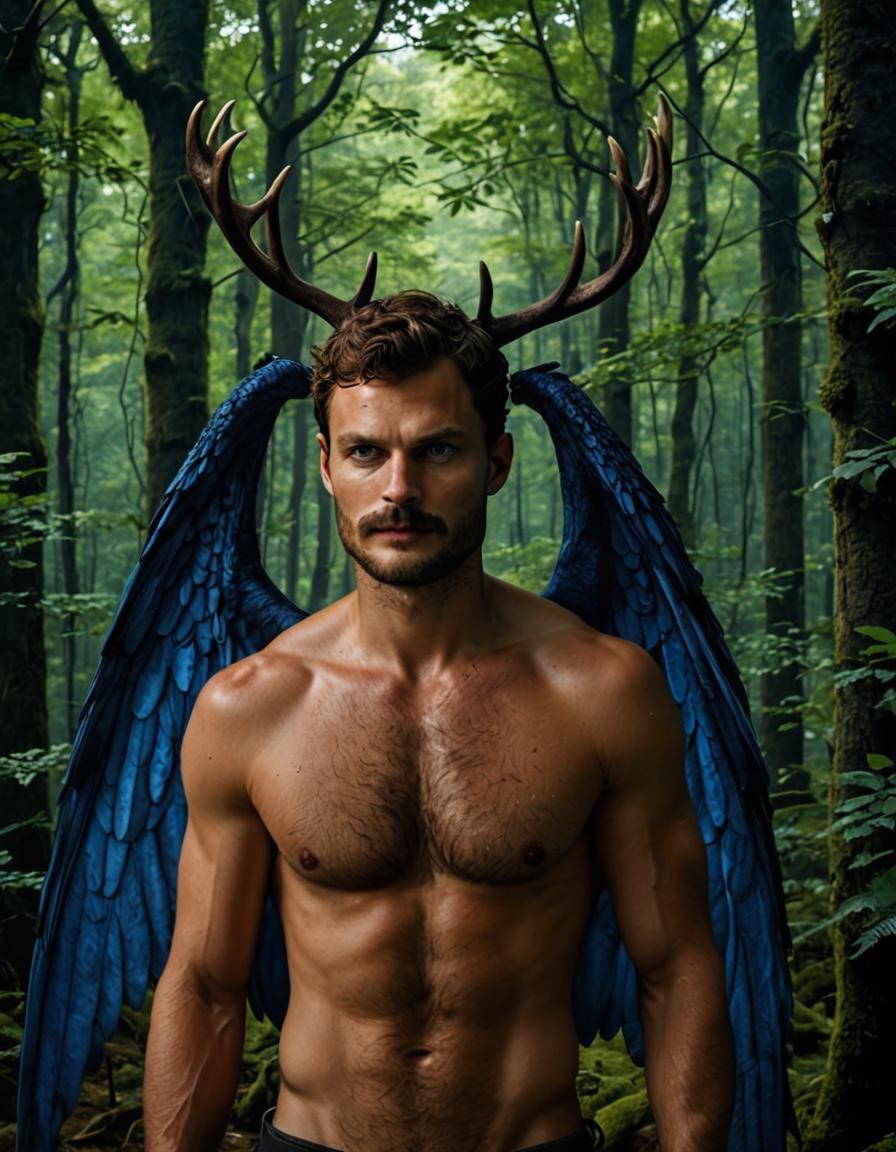 Indigo-Eyed Man with Dragon Wings in Forest