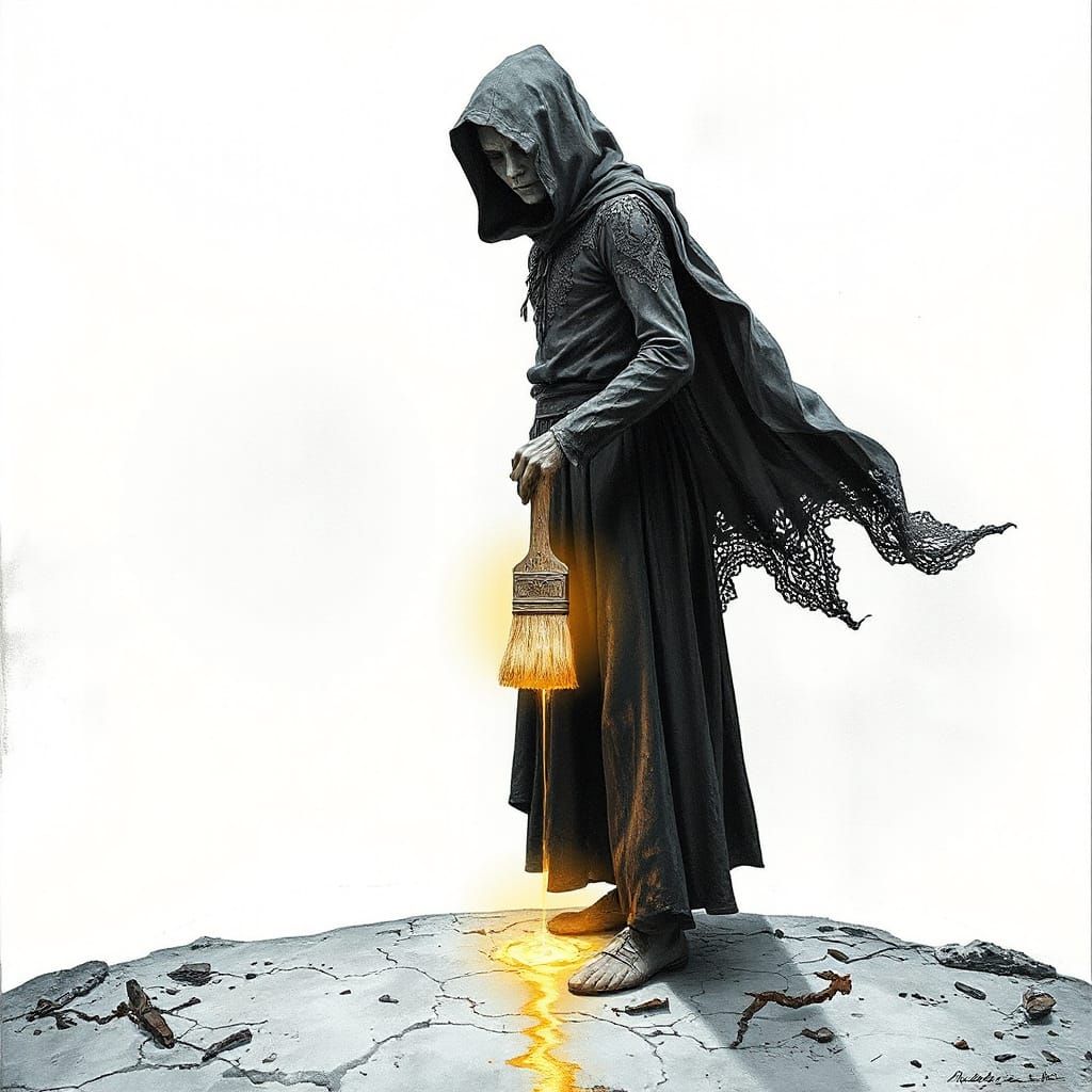 Ethereal Figure Stands at the Edge of a Vast White Void in a...