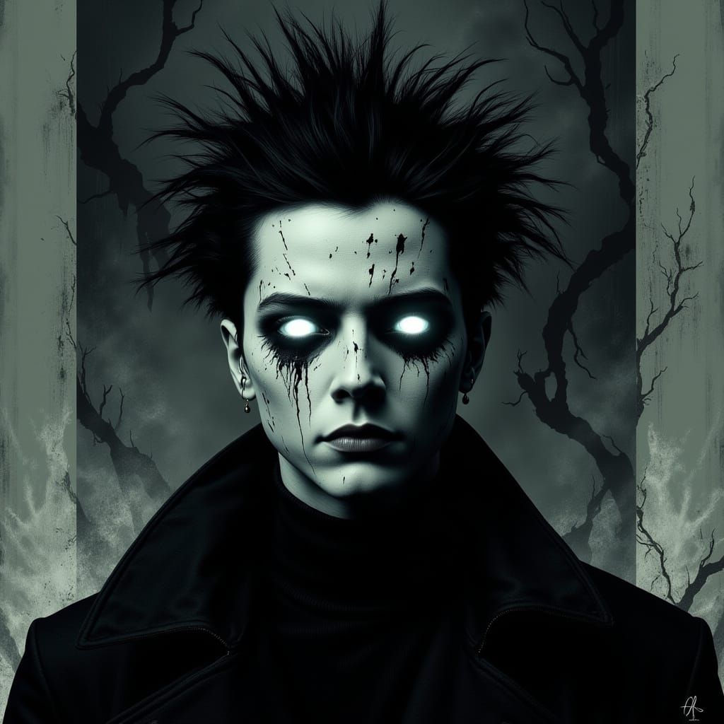 Mysterious Boy with Glowing Eyes in Dark Horrorcore Scene