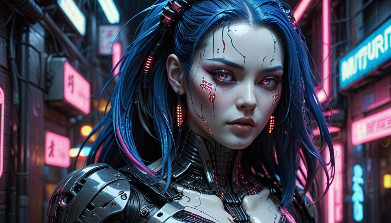 Cyberpunk Gynoid with Neon Lights in Sci-Fi City