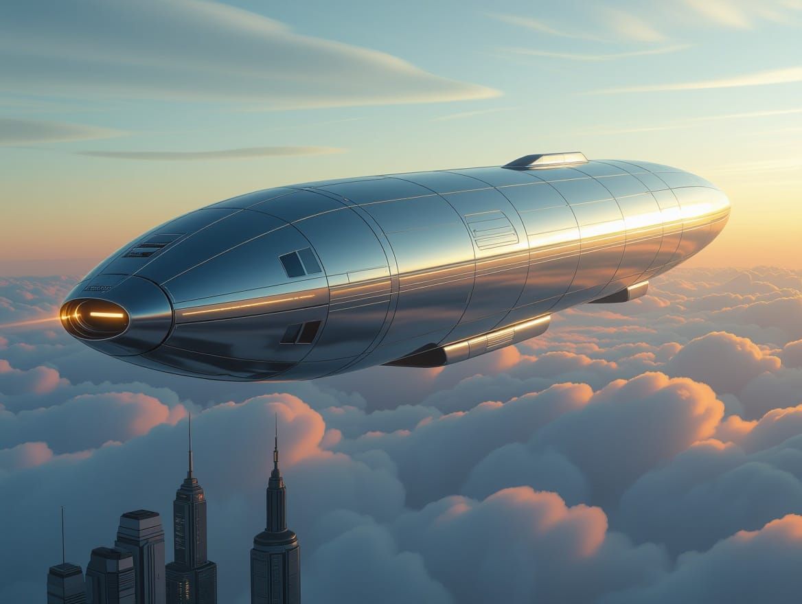 Futuristic Cigar-Shaped UFO in Dystopian Sky