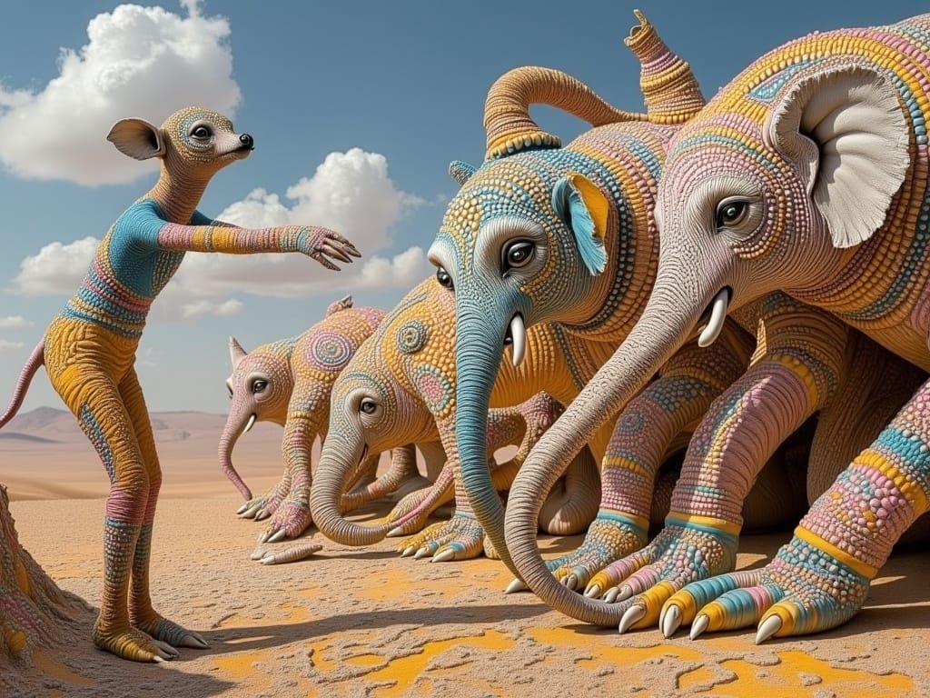 Surreal Desert Landscape with Skinny Elephants