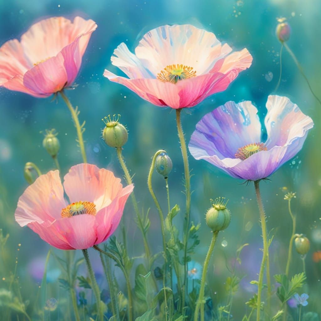 Whimsical Poppies in Pastel Hues, Gustav Klimt Style