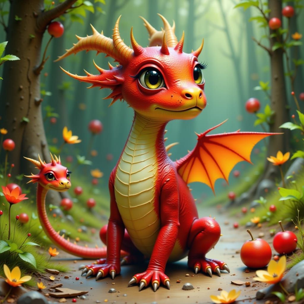 Apple-Dragon Hybrid with Chameleon Skin in Painterly Style