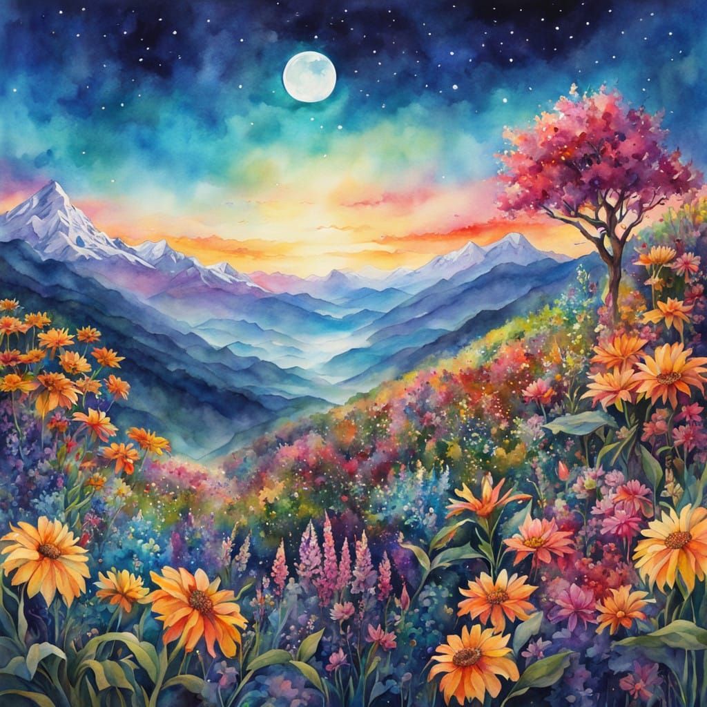 Moonlit Mountain Fae in Vibrant Watercolor