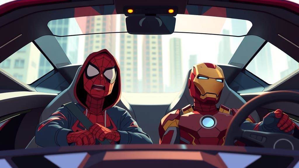 Cartoon Superheroes Singing in Futuristic Car