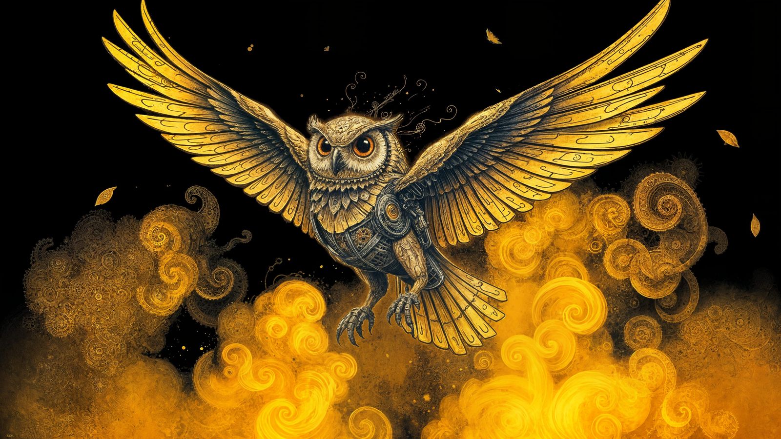 Steampunk Mechanical Owl in Flight: Expressionism Line Drawi...
