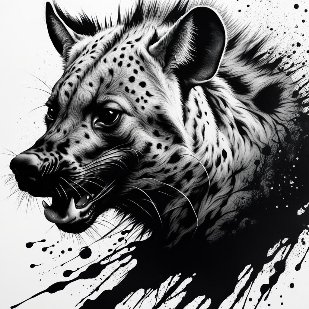 Swirling Oriental Hyena in Black and White Splatter Art