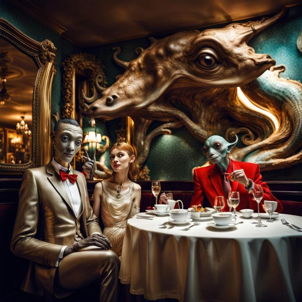 Surreal Restaurant Scene: Alien Celebration in Hyperreal Pho...
