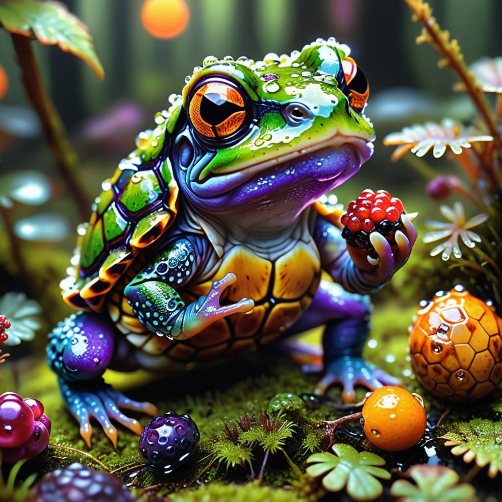 Luminous Frog-Tortoise in a Dewy Forest: Digital Art