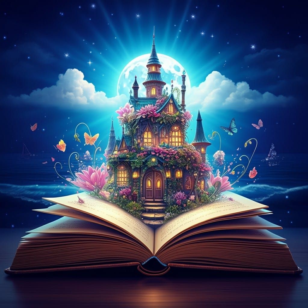 Magical Fairy Village Emerging from Book, 3D Render