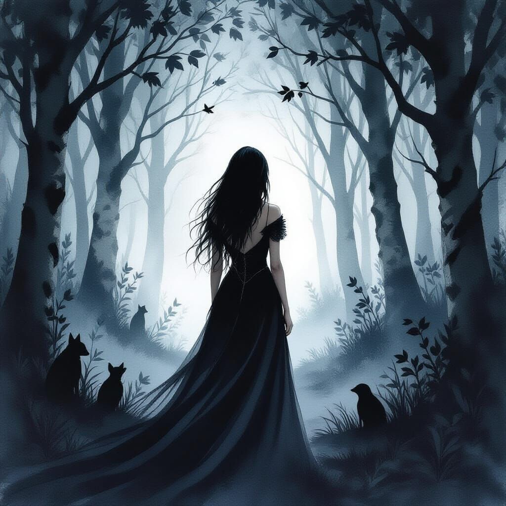 Dark Fantasy Woman in Sorrowful Forest