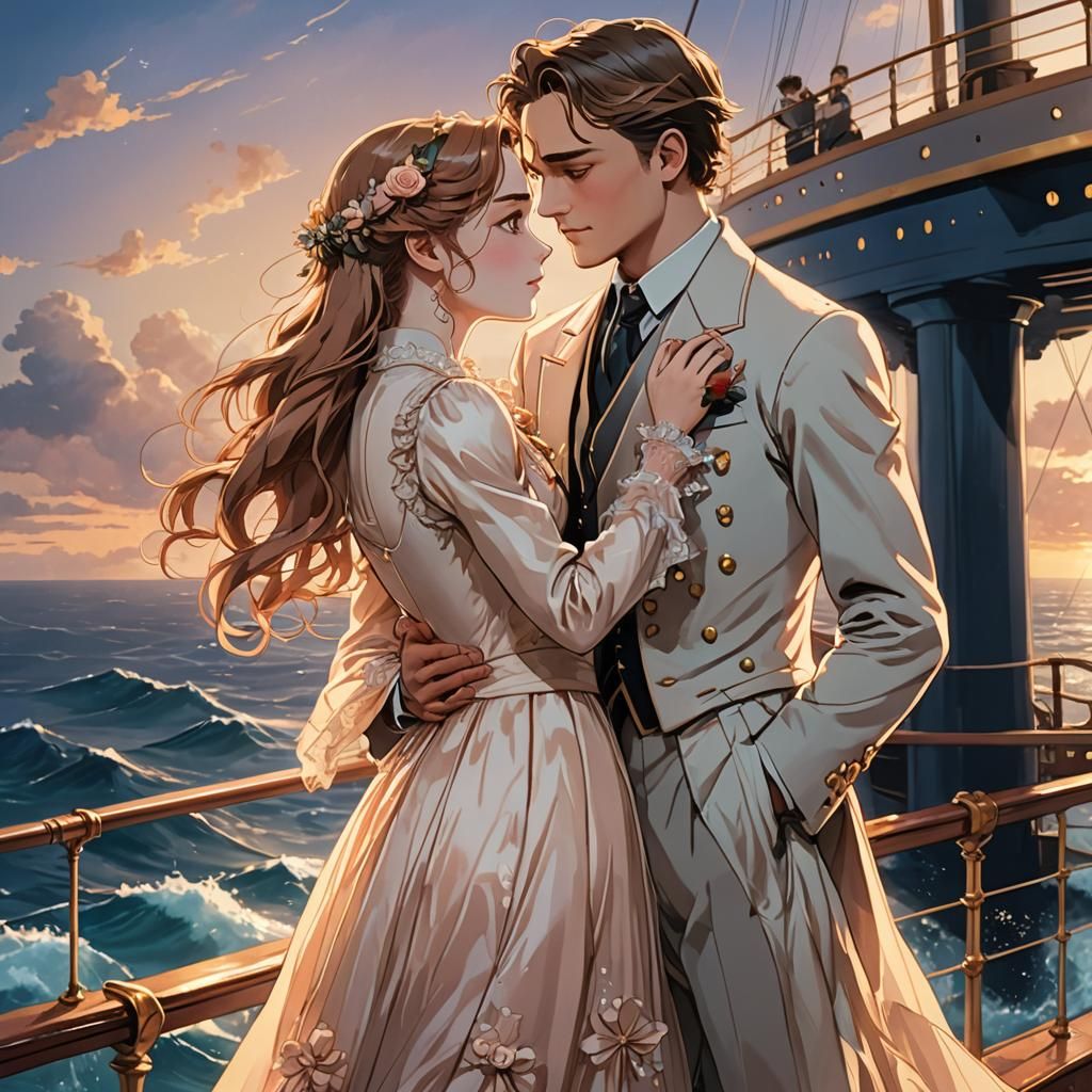 Romantic Anime Portrait of Jack and Rose on Titanic