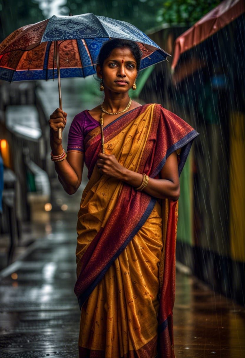 Indian Woman in Rainy Street: Hyperrealistic Image