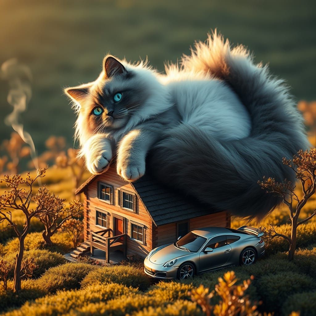 Regal Colourpoint Cat Lies Majestically on Tiny Cottage, Sur...