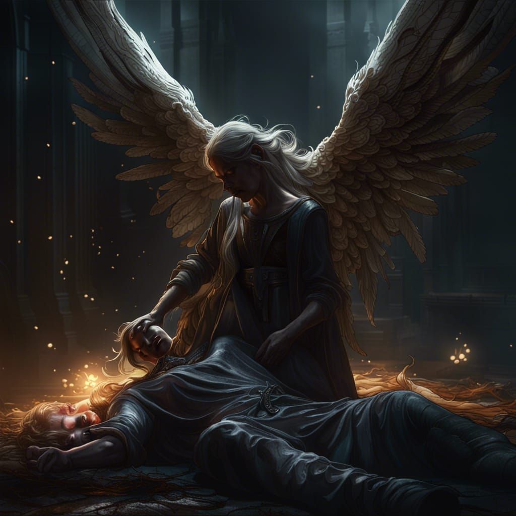 An angel lifting the soul out of a dead persons body. a mast...