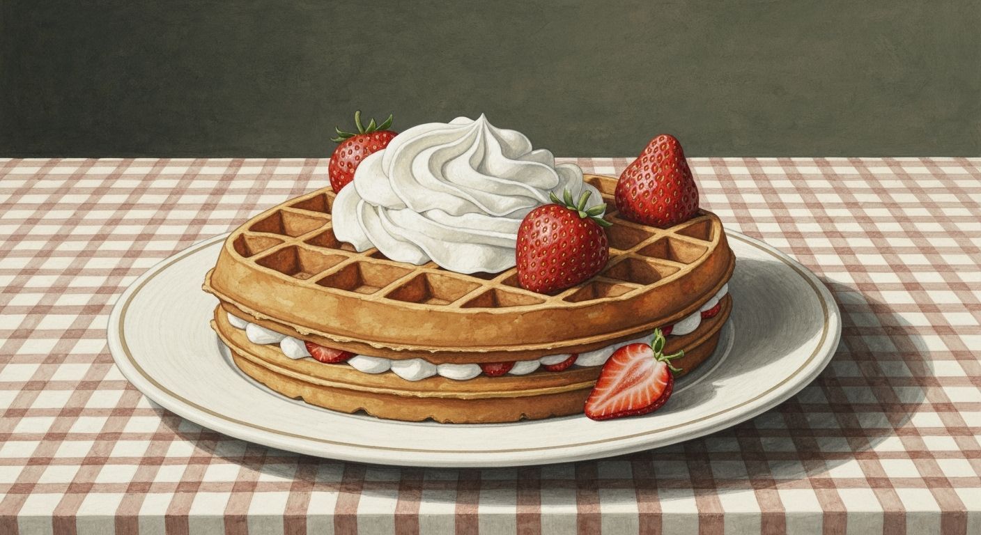 Gouache Painting of Waffle with Cream and Strawberries