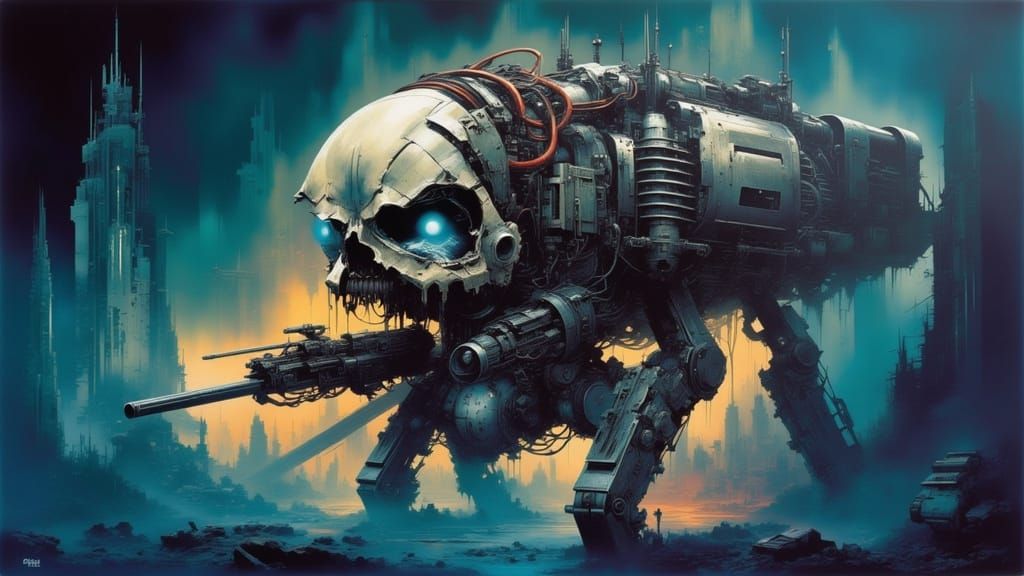 Massive Alien Walker in Dystopian Cityscape