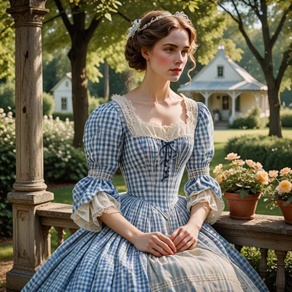 Elegant Blue Gingham Hoop Dress in Whimsical Watercolor Styl...