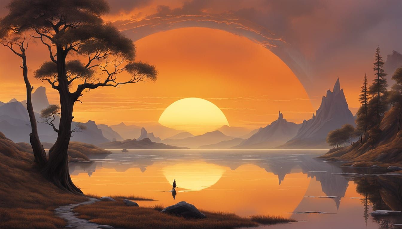 Soft Sunrise on Mystic Waters in a Dreamy, Surreal Landscape