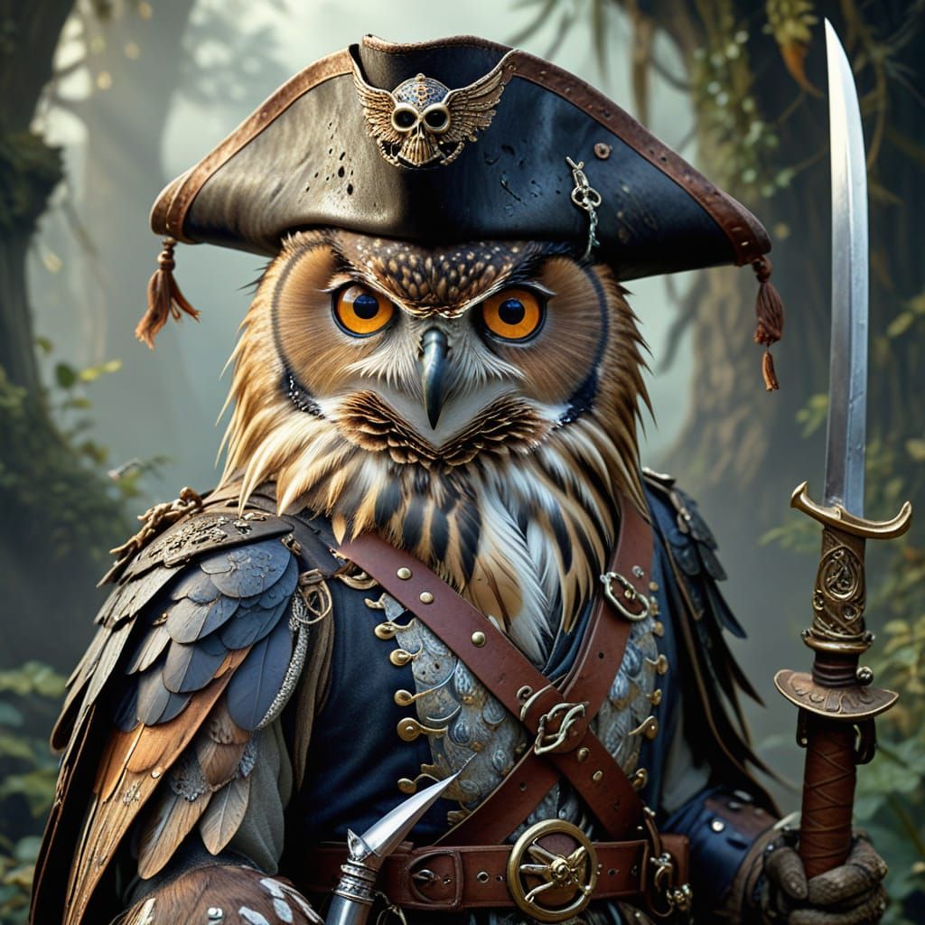 A majestic  owl dressed as a fearsome pirate captain, comple...