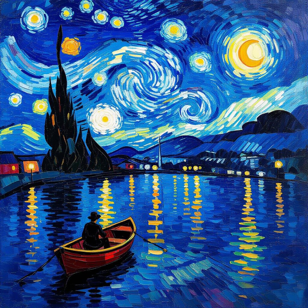 Two Swans in Vibrant Sky Impasto Oil Painting