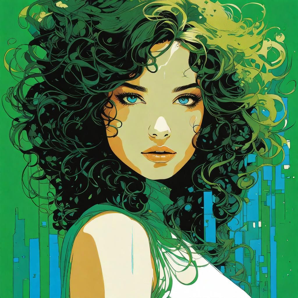 Green Girl with Blue Eyes in Cel-Shaded Lino Print