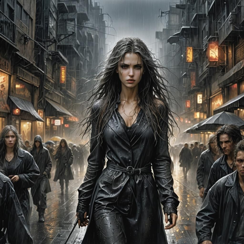 Woman in Rainy City, Fantasy Concept Art