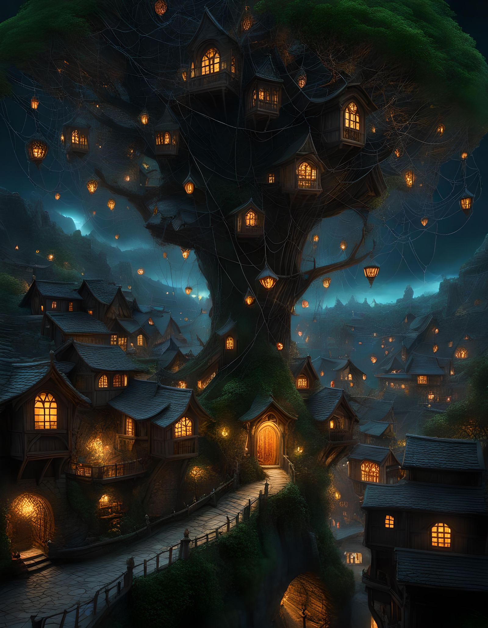 Arcane Spiderweb Village with Optical Illusions