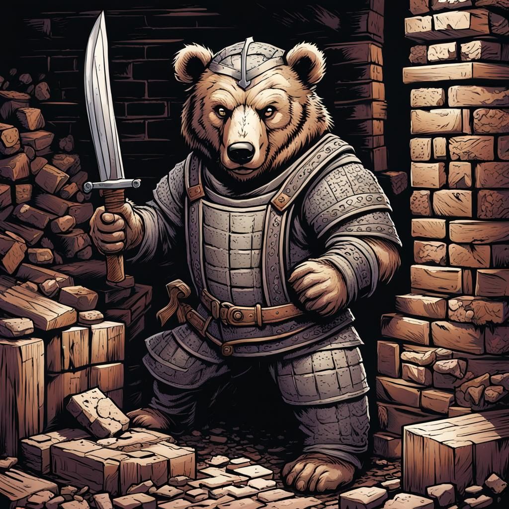 Medieval Bear Bricklayer in Comic Book Style