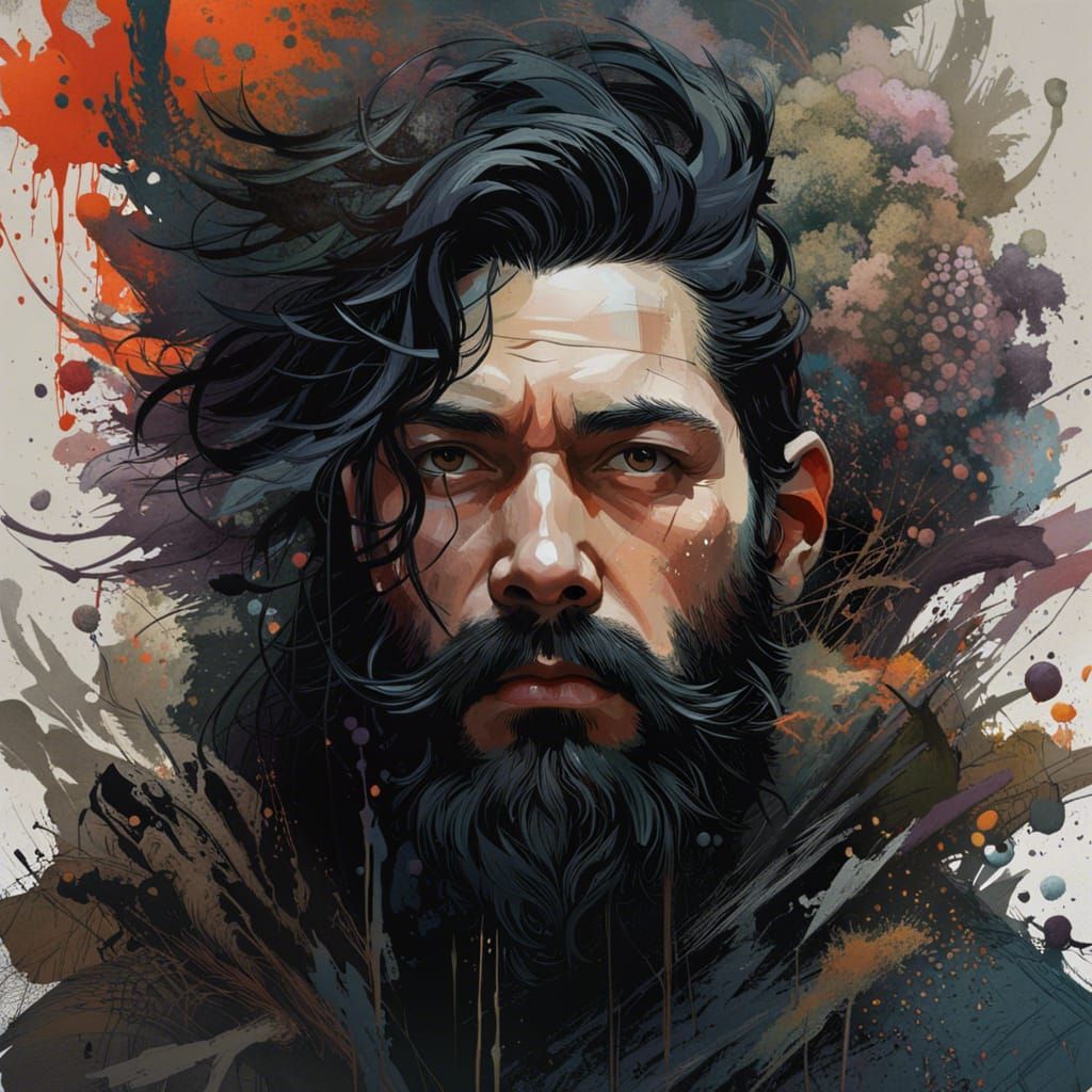 Detailed Portrait with Paint Splashes in Gloomy Colors