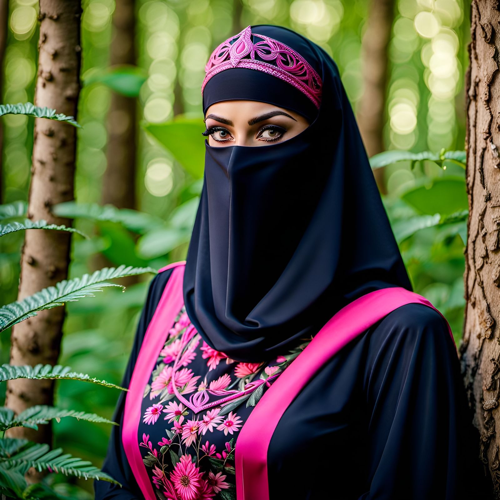 Beautiful Niqabi Woman in Forest, Oil Painting
