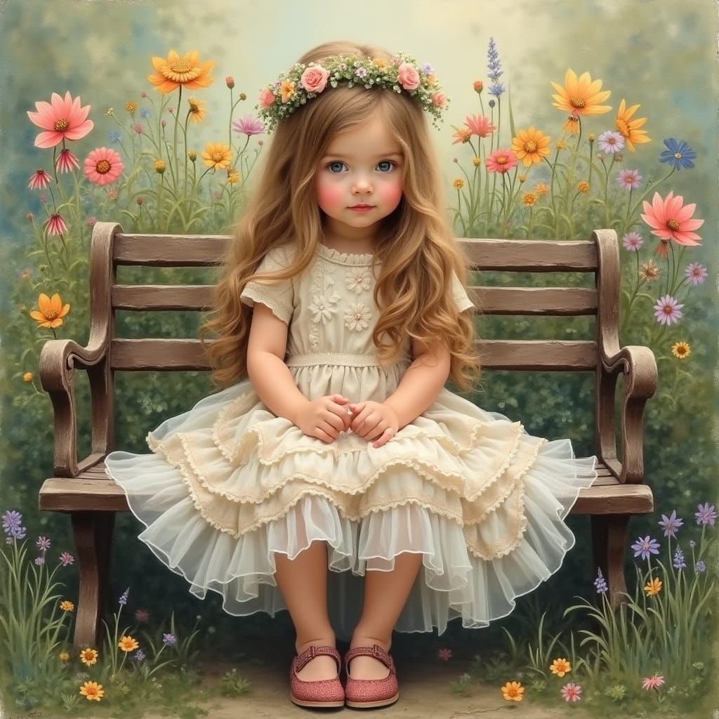 Toddler Girl in Floral Garden Oil Painting with Watercolor A...