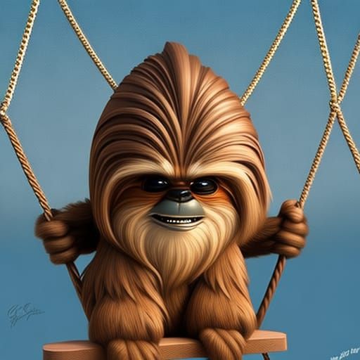 Sad Chibi Wookiee on Swingset: Digital Illustration