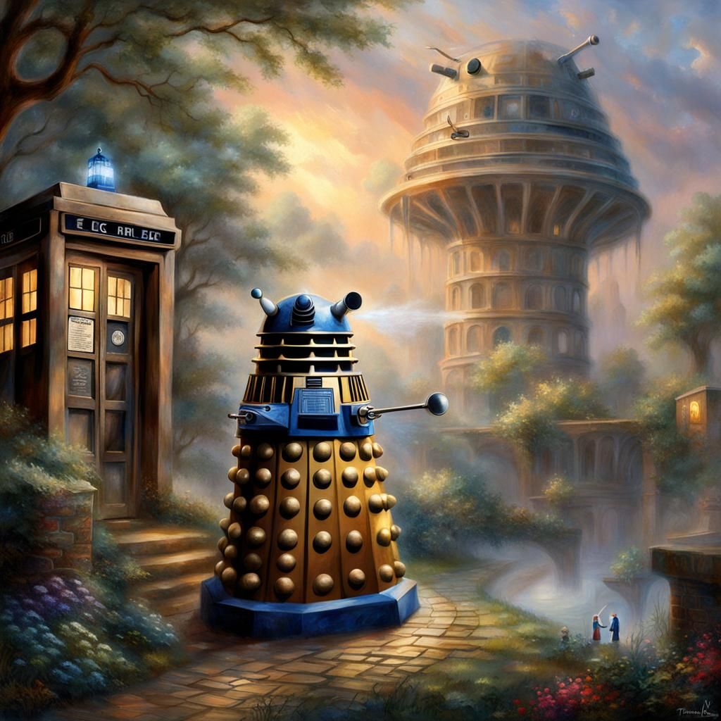 Dr. Who and Dalek in Ethereal Fantasy Landscape