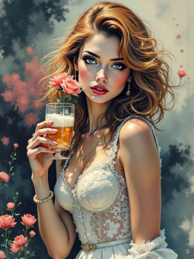 A Moody Pin-Up Girl with Roses in Charcoal Hues