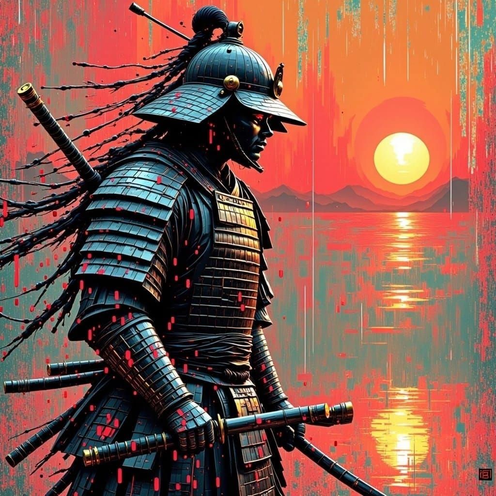 Traditional Japanese Samurai in Cyberpunk Glitch Art