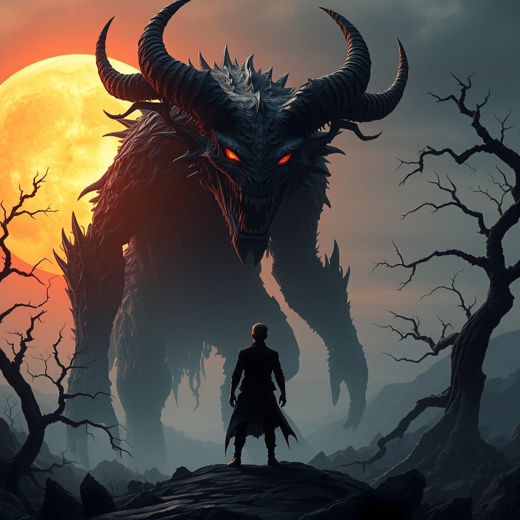 Dark Fantasy Creature Emerges from Twilit Landscape