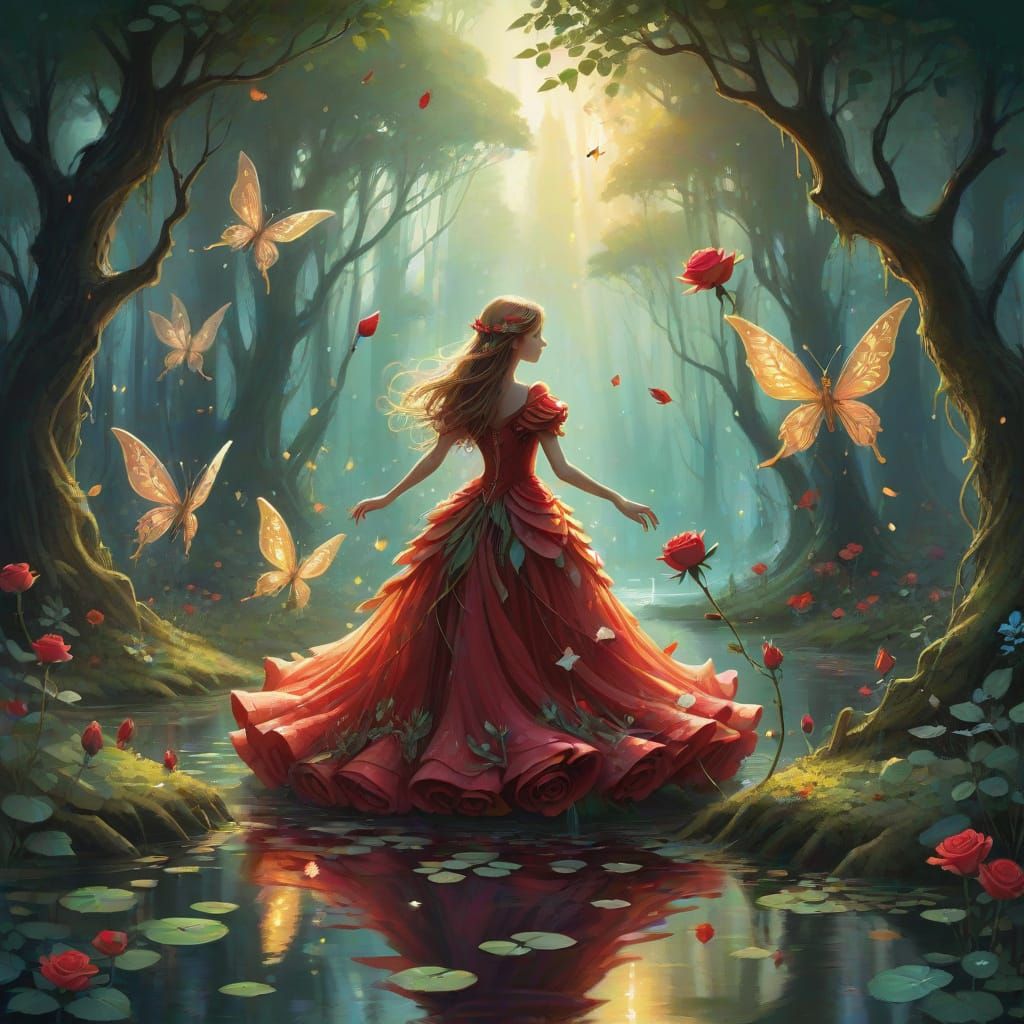 Enchanted Forest Rose Dancer with Fairies in Vibrant Oil Sty...