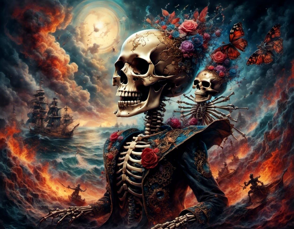 Surreal Skeletal Figure in Dreamlike Landscape