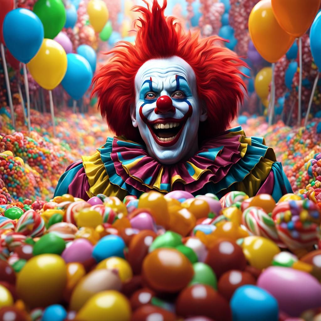 Clown in Candy Mountain, Detailed Digital Art