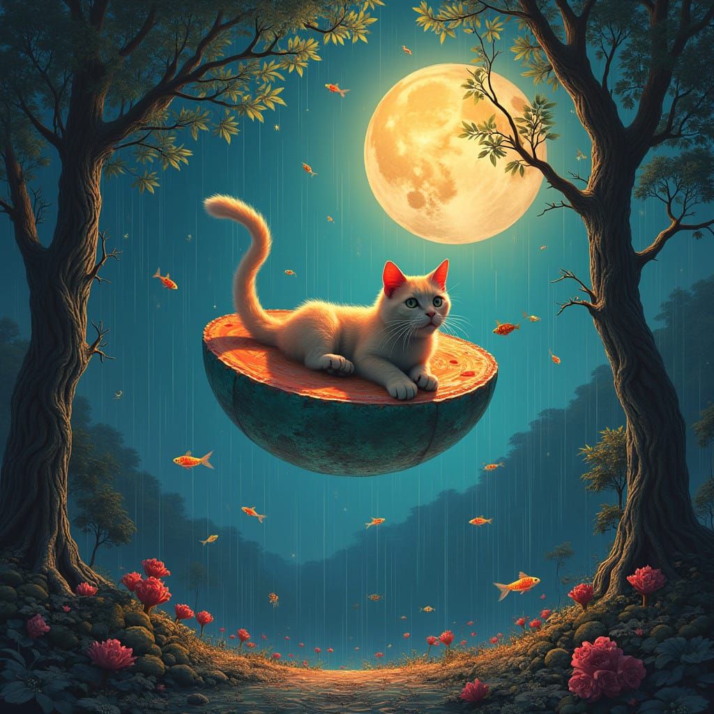 Whimsical Cat Soars in Iridescent Cheese Pião