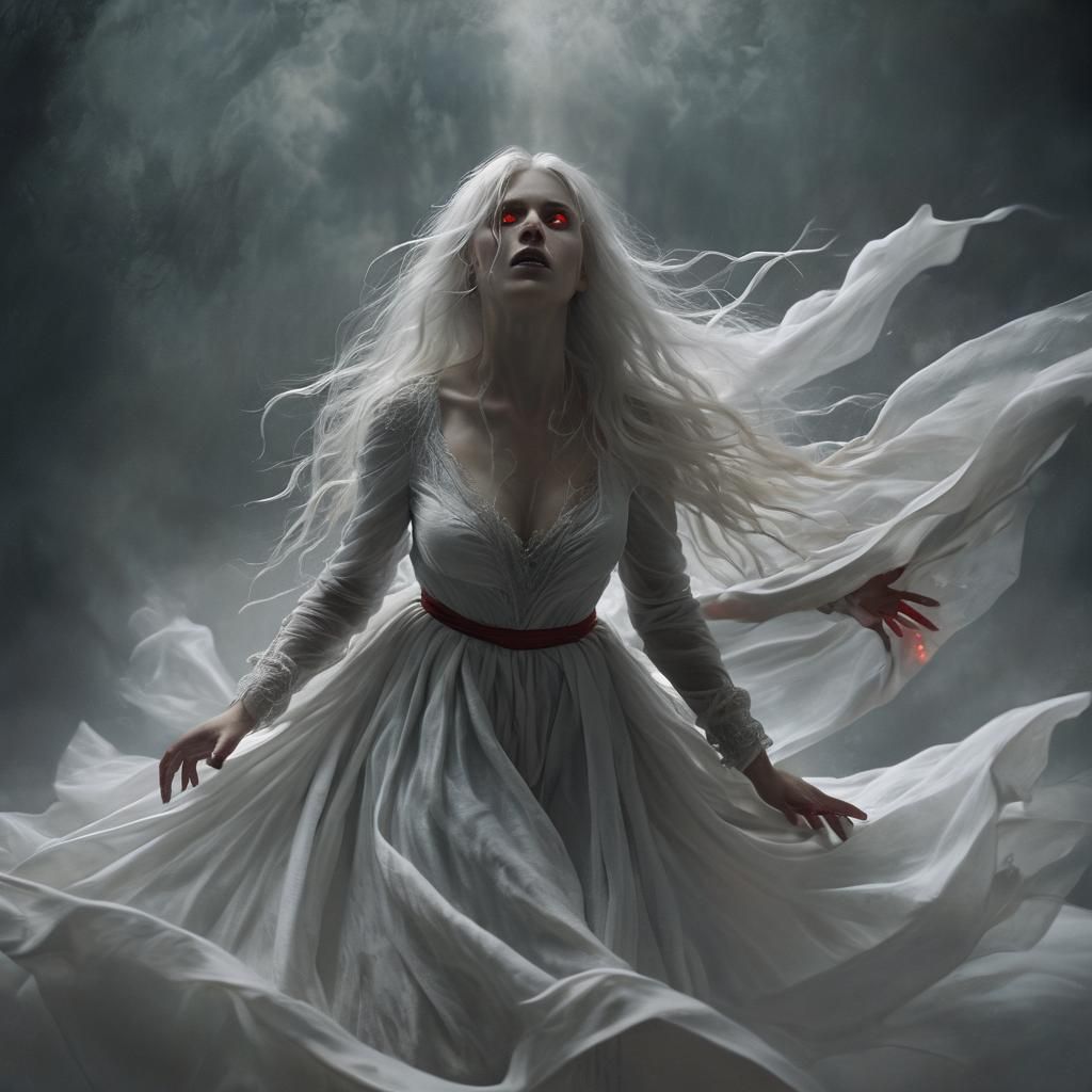 Ethereal Ghost Woman with Red Eyes in Dark Fantasy Style