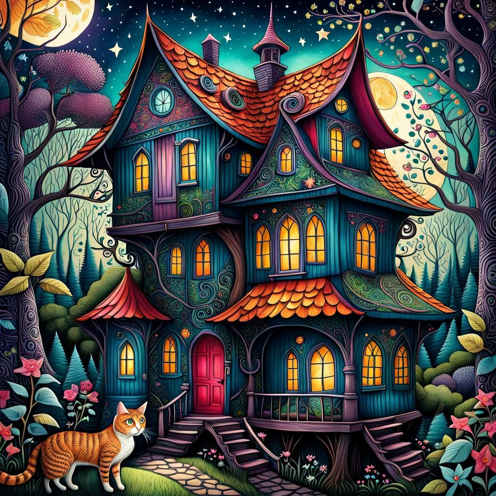 Whimsical Cottage in Forest with Zentangle Details
