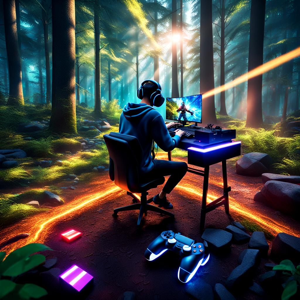 Hyperrealistic Forest Gaming Station with Roblox Boy
